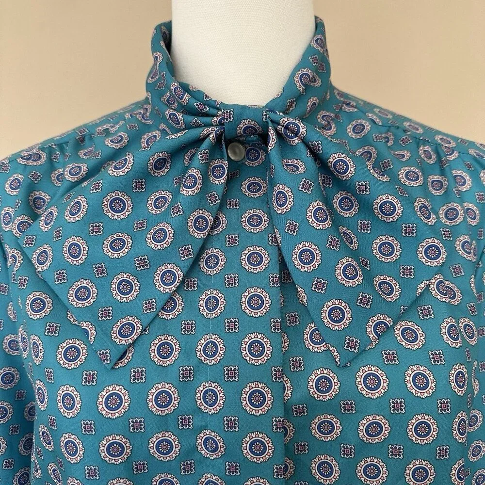 VTG Career Blouse w/ Neck Bow Button Shirt Women M Professional Office Tie Neck - Picture 3 of 9